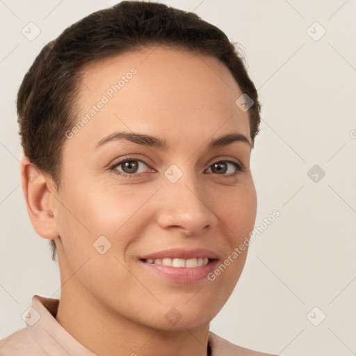 Joyful white young-adult female with short  brown hair and brown eyes