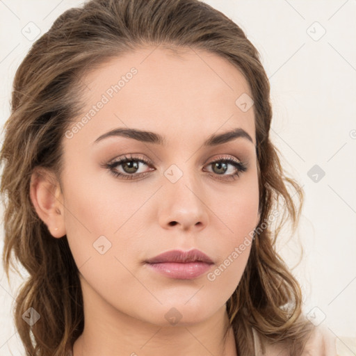 Neutral white young-adult female with long  brown hair and brown eyes