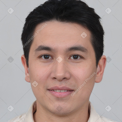 Joyful asian young-adult male with short  brown hair and brown eyes