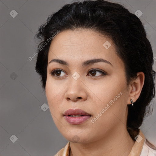 Neutral white young-adult female with medium  brown hair and brown eyes