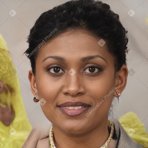 Joyful latino young-adult female with short  brown hair and brown eyes