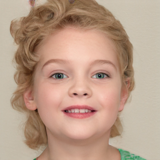 Joyful white child female with medium  brown hair and blue eyes