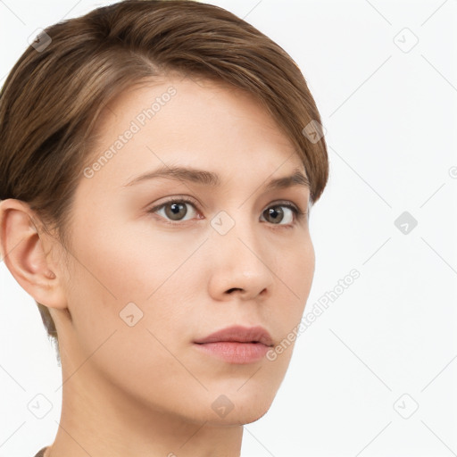 Neutral white young-adult female with short  brown hair and brown eyes