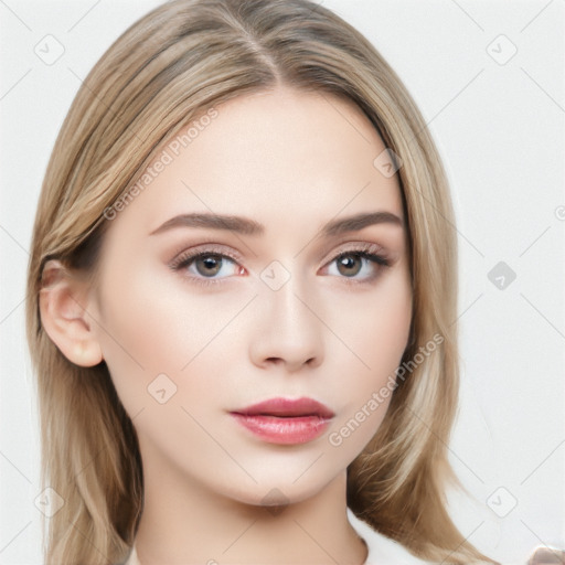 Neutral white young-adult female with long  brown hair and brown eyes