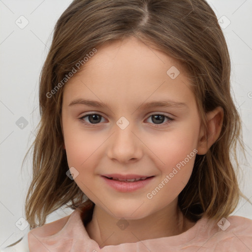 Joyful white child female with medium  brown hair and brown eyes