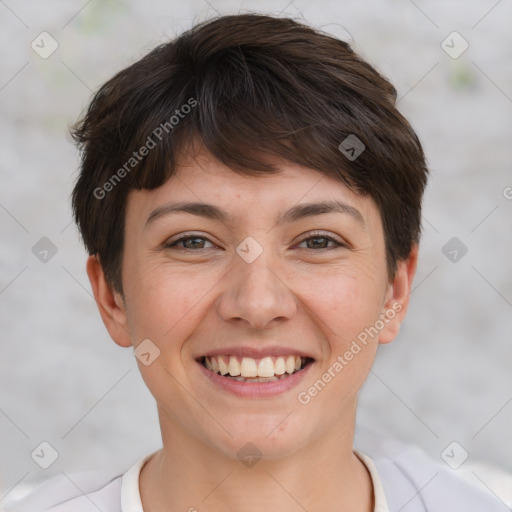 Joyful white young-adult female with short  brown hair and brown eyes