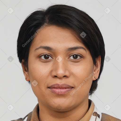 Joyful latino young-adult female with short  brown hair and brown eyes