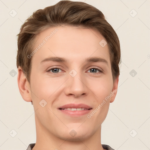 Joyful white young-adult female with short  brown hair and grey eyes