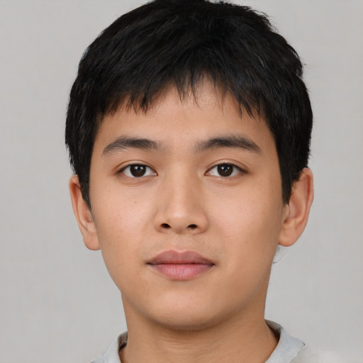 Neutral asian young-adult male with short  black hair and brown eyes
