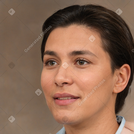 Joyful white young-adult female with medium  brown hair and brown eyes