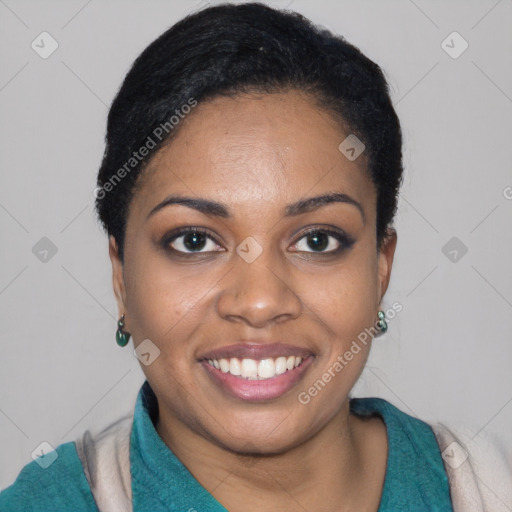 Joyful latino young-adult female with short  black hair and brown eyes