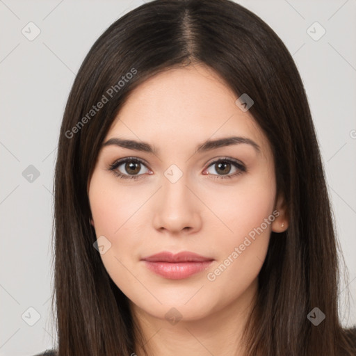 Neutral white young-adult female with long  brown hair and brown eyes