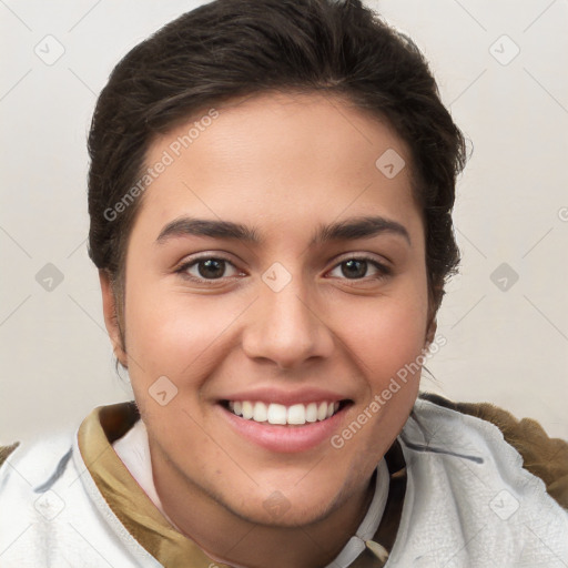 Joyful white young-adult female with short  brown hair and brown eyes