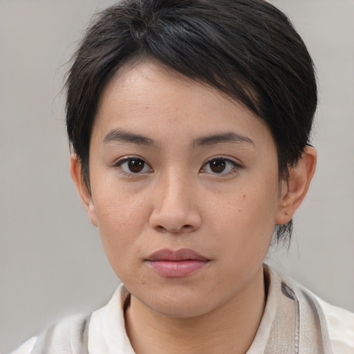 Neutral white young-adult female with medium  brown hair and brown eyes