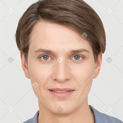 Joyful white young-adult female with short  brown hair and grey eyes