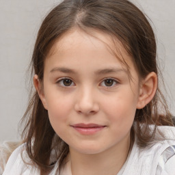 Joyful white child female with medium  brown hair and brown eyes