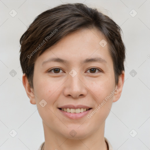 Joyful white young-adult female with short  brown hair and brown eyes