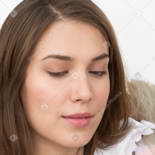 Neutral white young-adult female with long  brown hair and brown eyes