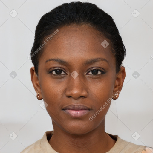 Neutral black young-adult female with short  black hair and brown eyes