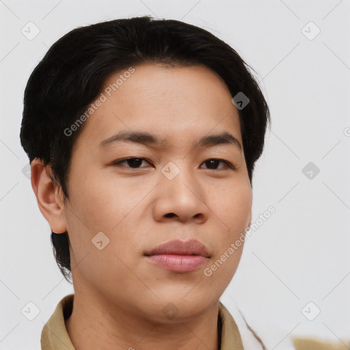 Neutral asian young-adult male with short  brown hair and brown eyes