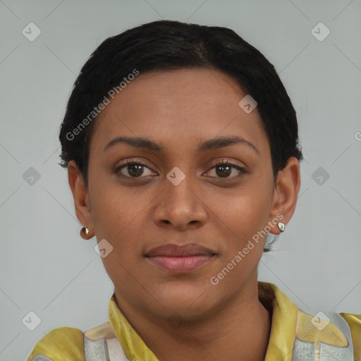 Joyful latino young-adult female with short  black hair and brown eyes