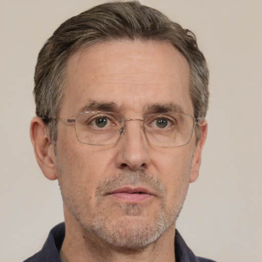 Neutral white middle-aged male with short  brown hair and brown eyes