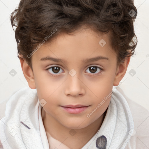 Joyful white child female with short  brown hair and brown eyes