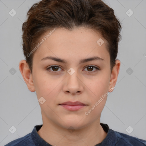 Neutral white young-adult female with short  brown hair and brown eyes