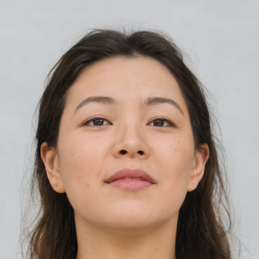 Neutral asian young-adult female with long  brown hair and brown eyes
