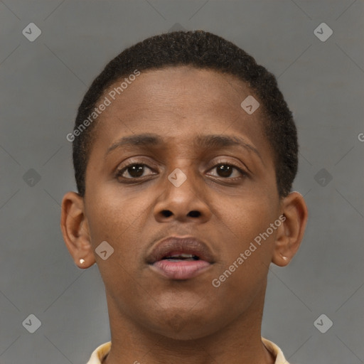 Neutral black young-adult female with short  brown hair and brown eyes