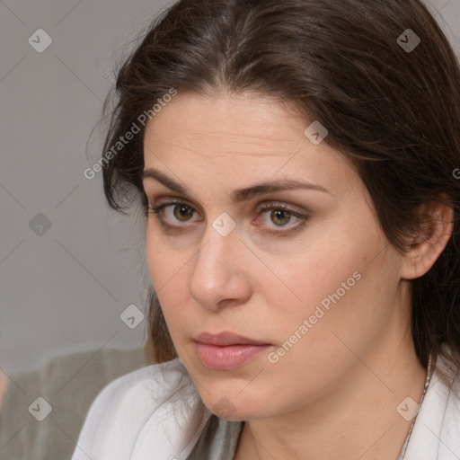 Neutral white young-adult female with medium  brown hair and brown eyes