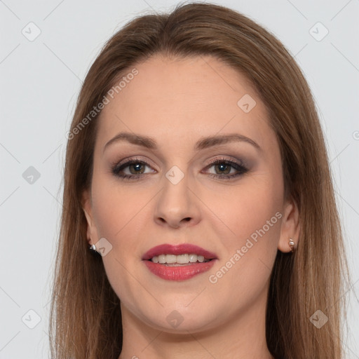 Joyful white young-adult female with long  brown hair and grey eyes