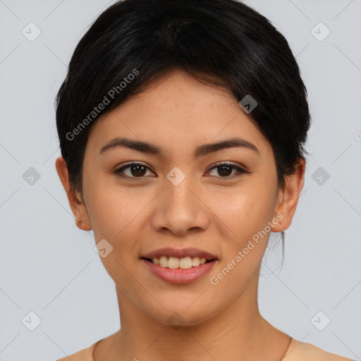 Joyful asian young-adult female with short  brown hair and brown eyes