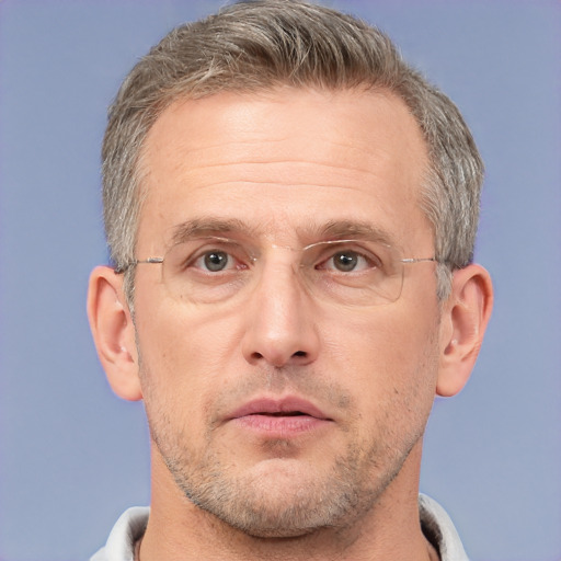 Neutral white middle-aged male with short  brown hair and brown eyes