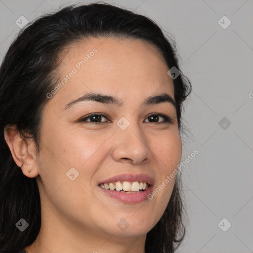 Joyful white young-adult female with long  brown hair and brown eyes