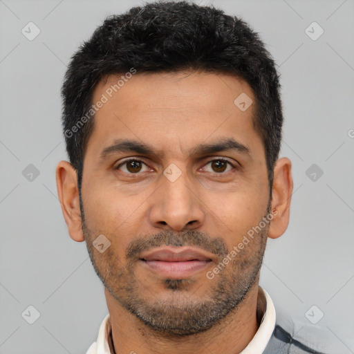 Neutral latino adult male with short  black hair and brown eyes