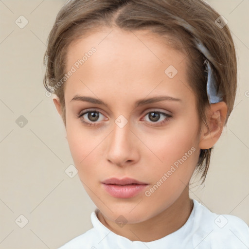 Neutral white young-adult female with short  brown hair and brown eyes