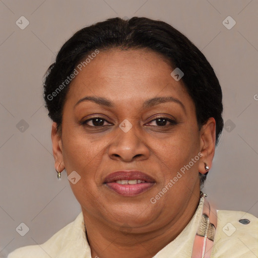 Joyful latino adult female with short  brown hair and brown eyes