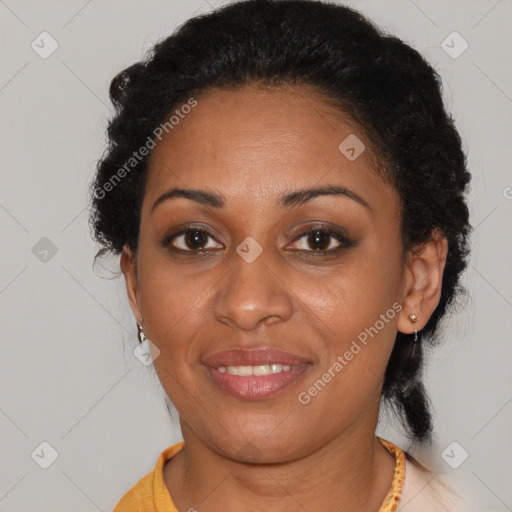 Joyful latino young-adult female with short  brown hair and brown eyes