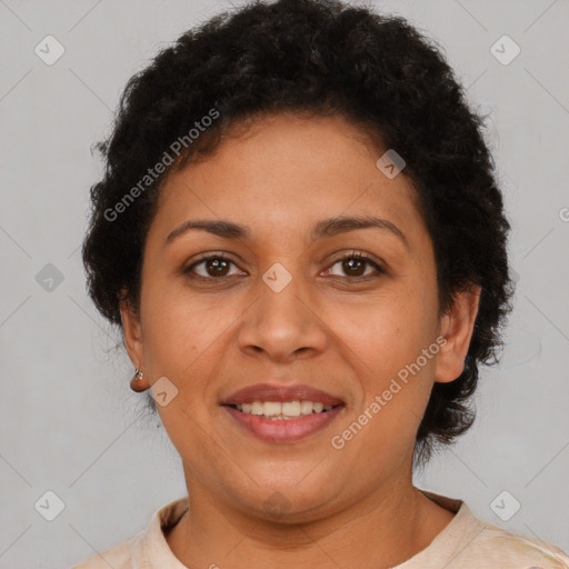 Joyful latino young-adult female with short  brown hair and brown eyes