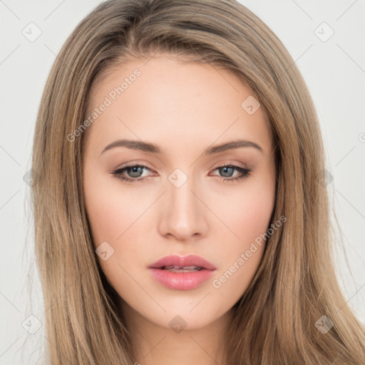 Neutral white young-adult female with long  brown hair and brown eyes