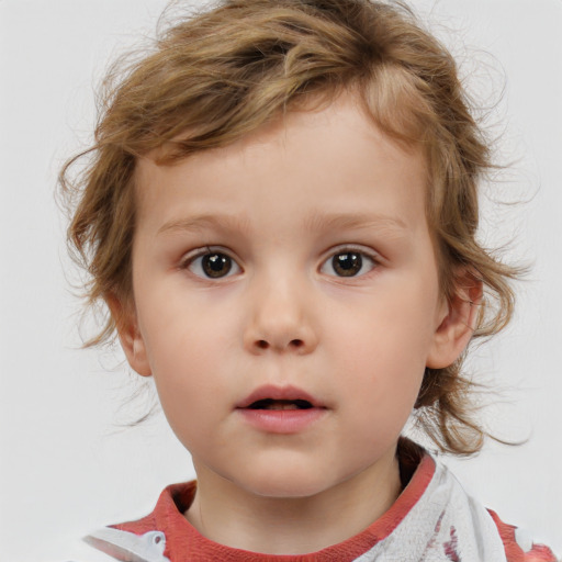 Neutral white child female with medium  brown hair and blue eyes