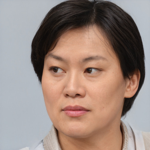 Joyful asian adult female with medium  brown hair and brown eyes