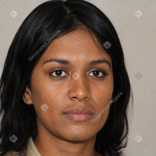 Neutral asian young-adult female with medium  black hair and brown eyes