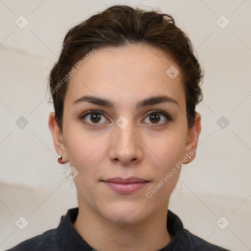 Neutral white young-adult female with short  brown hair and brown eyes