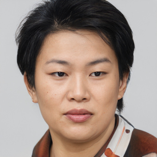 Joyful asian young-adult female with short  black hair and brown eyes