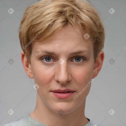 Joyful white young-adult female with short  brown hair and grey eyes