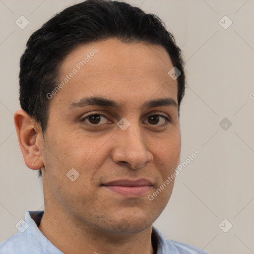 Joyful white adult male with short  brown hair and brown eyes