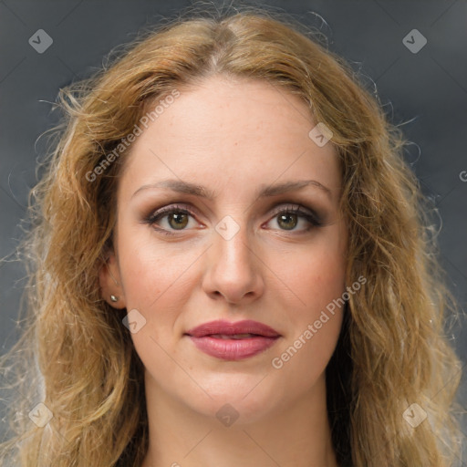 Joyful white young-adult female with long  brown hair and green eyes