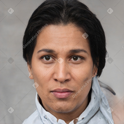 Joyful white adult female with short  brown hair and brown eyes